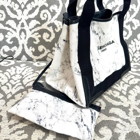 BALENCIAGA Navy Cabas Small Black White Marble Print Tote Bag with Zip Pouch - Picture 6 of 10